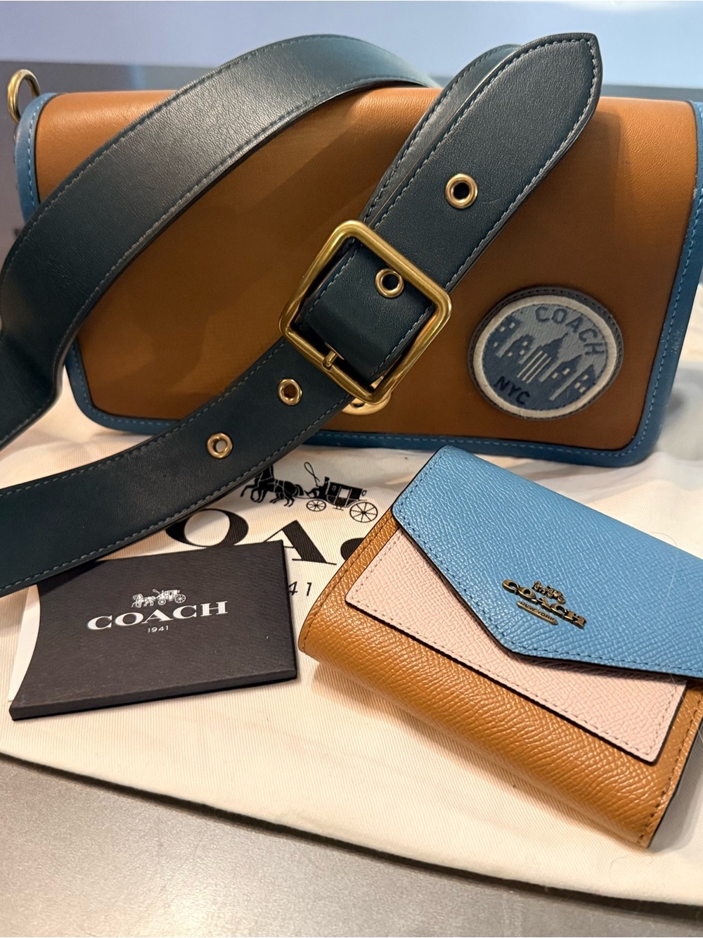 COACH Dinky Colorblock Leather Shoulder Bag & Wallet Set in Brown/Blue/Pink